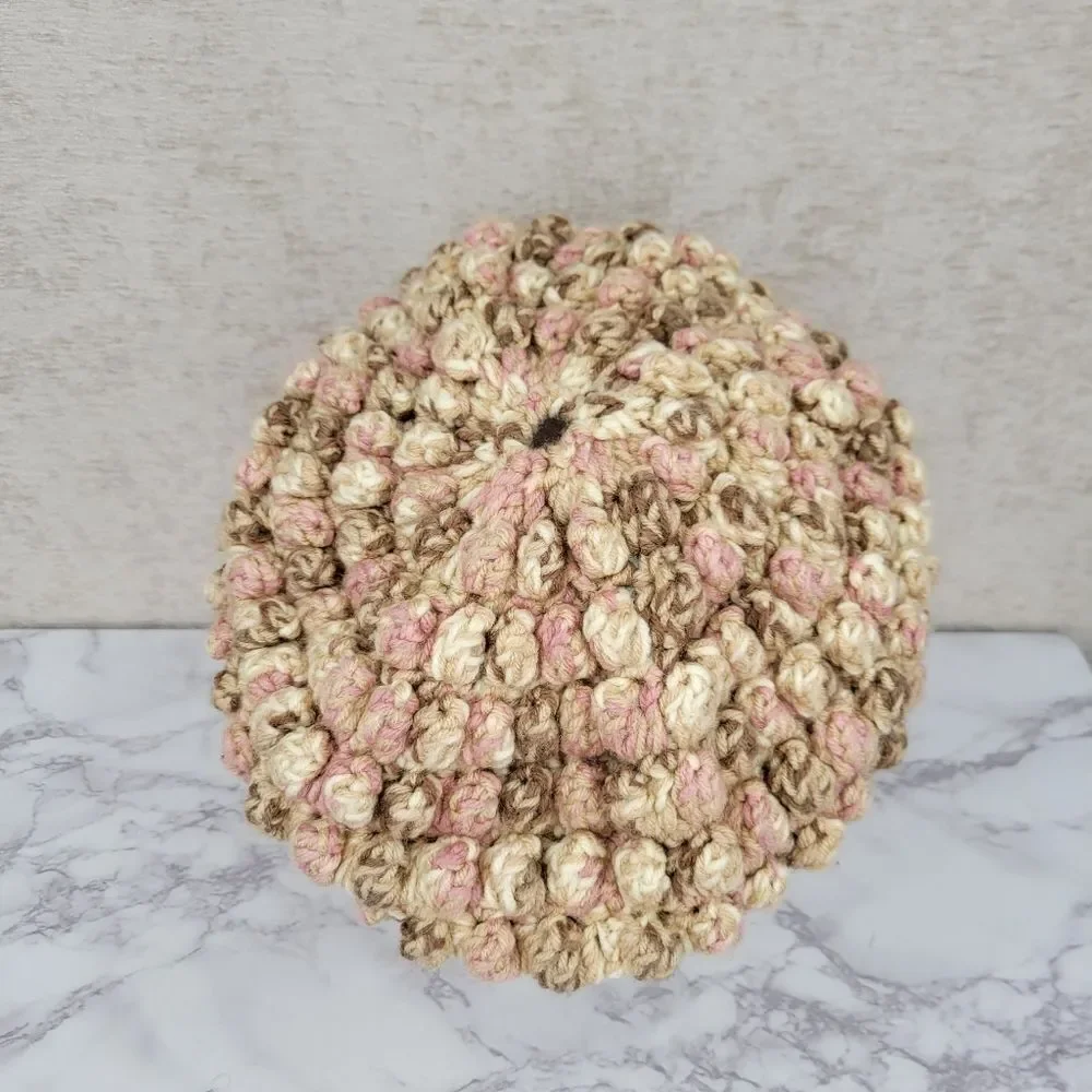 Handmade Chunky Crochet Knit Pink and Tan Beret Hat